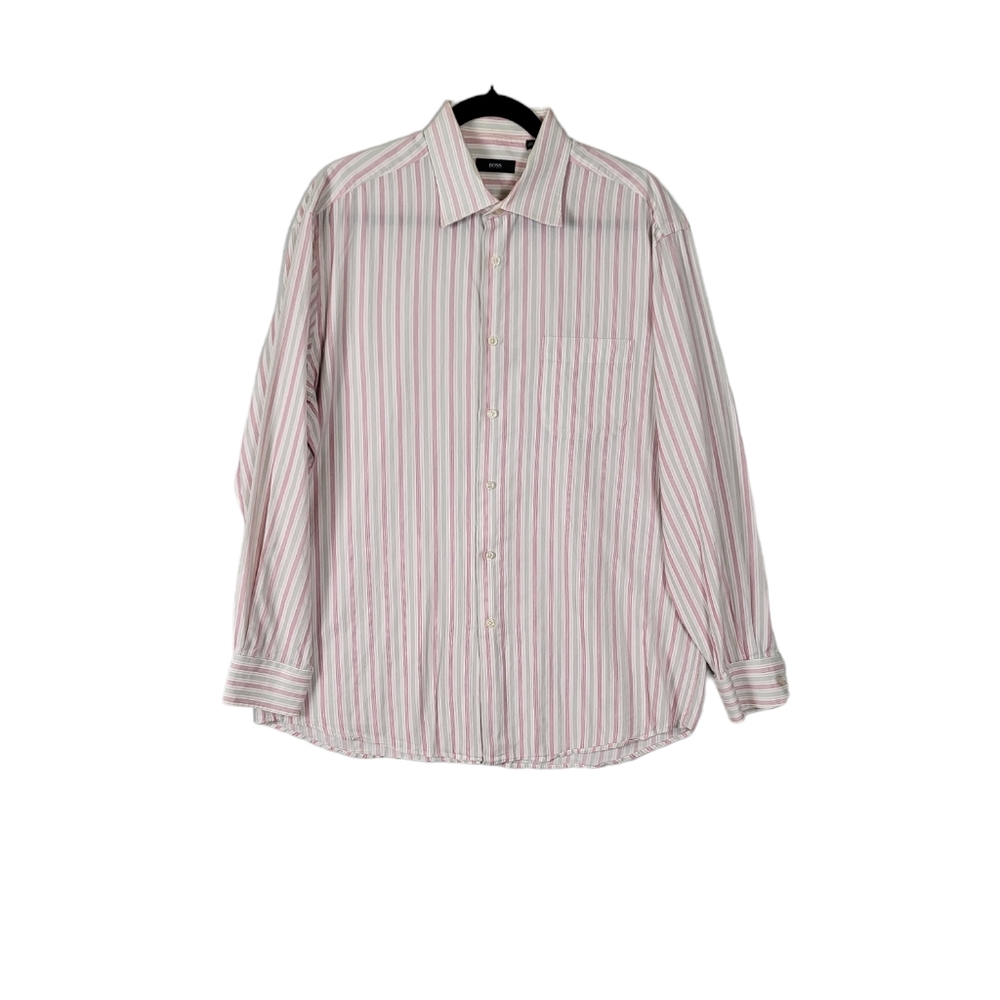 Hugo Boss men's multi color striped button down dress shirt size 17 34/35